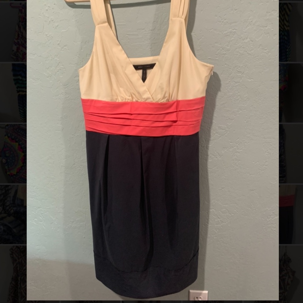 BCBG MaxAzria color-block poplin dress with pockets. Cream, coral and navy.